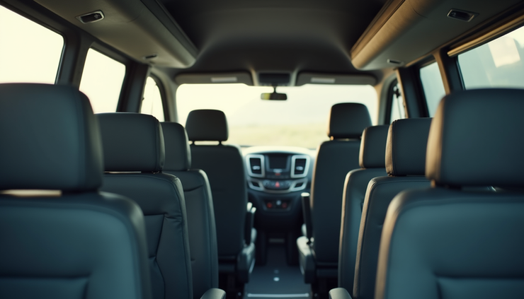 Close-up view of the interior of a Tempo Traveller van showing comfortable seats and air conditioning vents