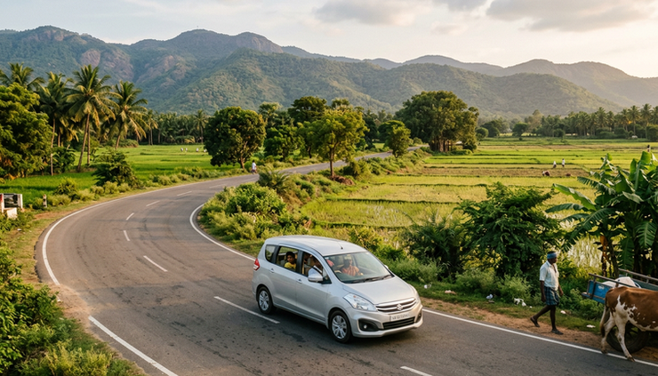 Wide-angle view of a family car traveling along a rural road near Alangayam.