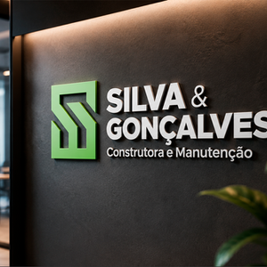 Mockup profissional da marca Silva & Gonçalves aplicada em parede corporativa com logotipo 3D para construtora e manutenção.