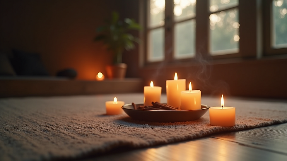 Wide angle view of a serene meditation space with candles and incense