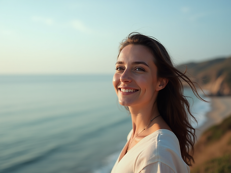 A calm portrait photography of a person looking at the horizon with a confident smile..png