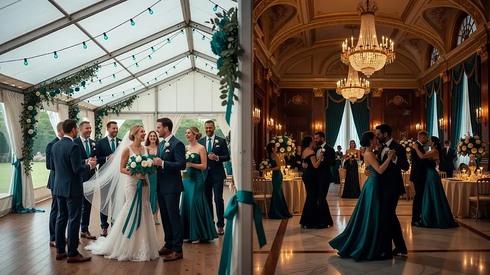 Split wedding scene: bride and groom with teal-clad bridal party under a tent, and couples dancing in a chandelier-lit ballroom.