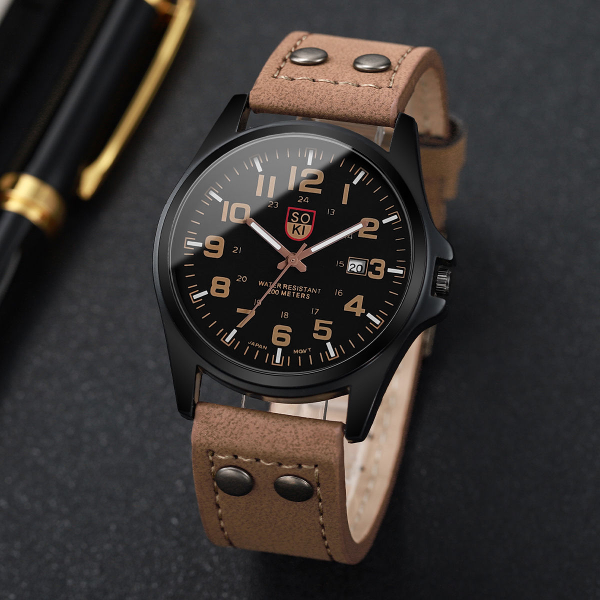 Relógio Masculino de Quartzo com Mostrador em Estilo Árabe, Pulseira de Couro