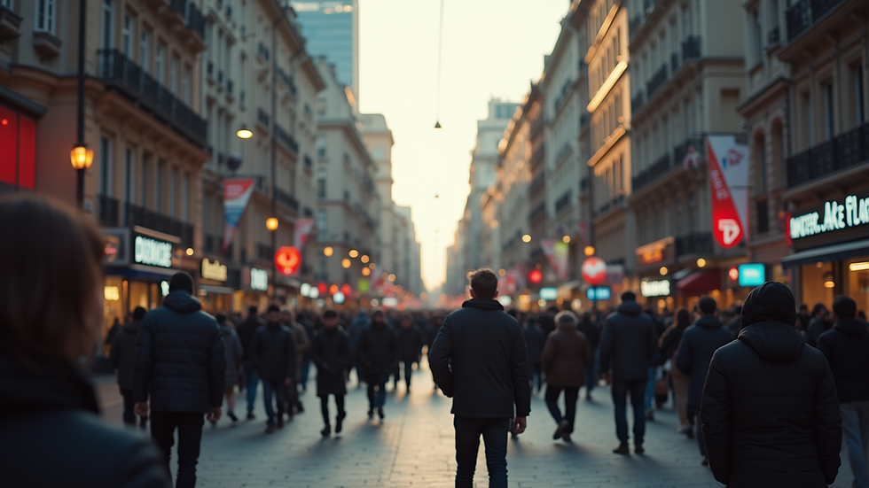 Eye-level view of a bustling city street filled with people