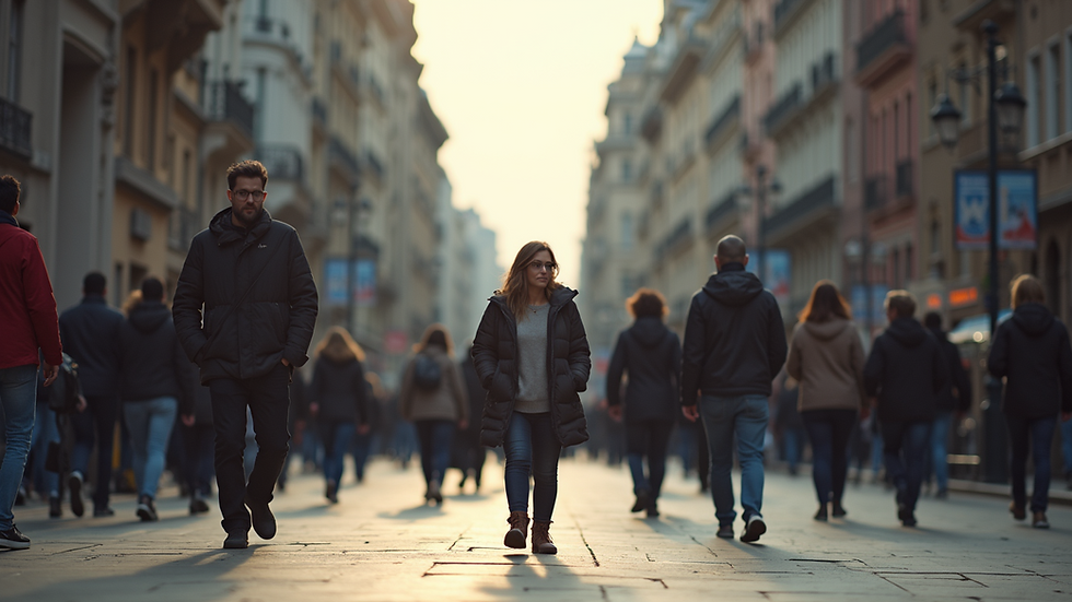 Eye-level view of a bustling city street with diverse people walking