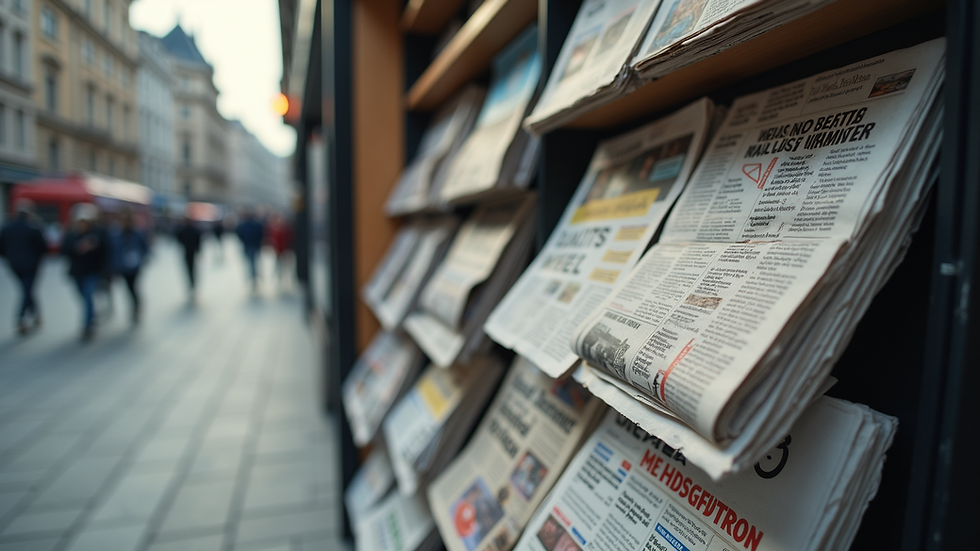 Eye-level view of a newspaper stand filled with various publications