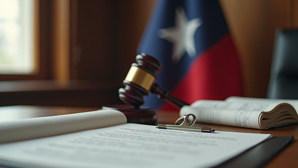 Close-up view of legal documents and a Texas flag on a desk