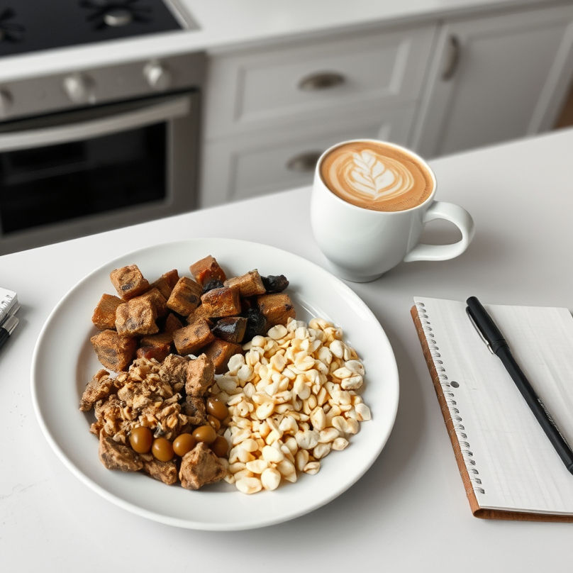 A neutral-toned kitchen scene with a balanced plate (protein, carbs, fats), coffee, maybe a notebook.