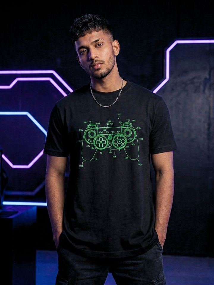 Male model wearing a black gaming controller graphic t-shirt in a neon-lit gaming room with futuristic esports-inspired light