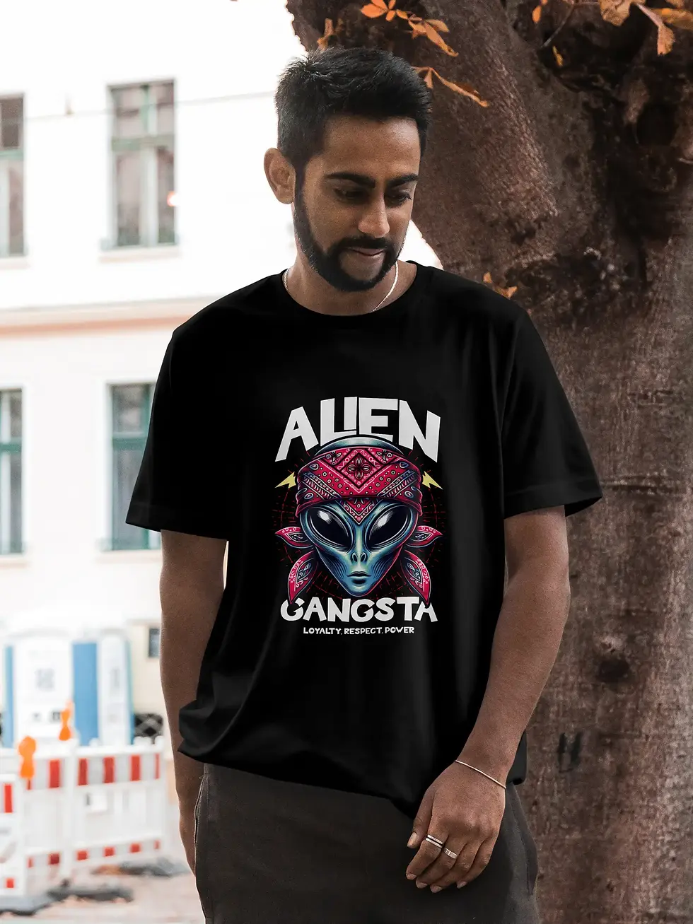 man wearing the Alien Gangsta Oversized T-Shirt for Men featuring a colorful alien graphic and the words "Alien Gangsta"