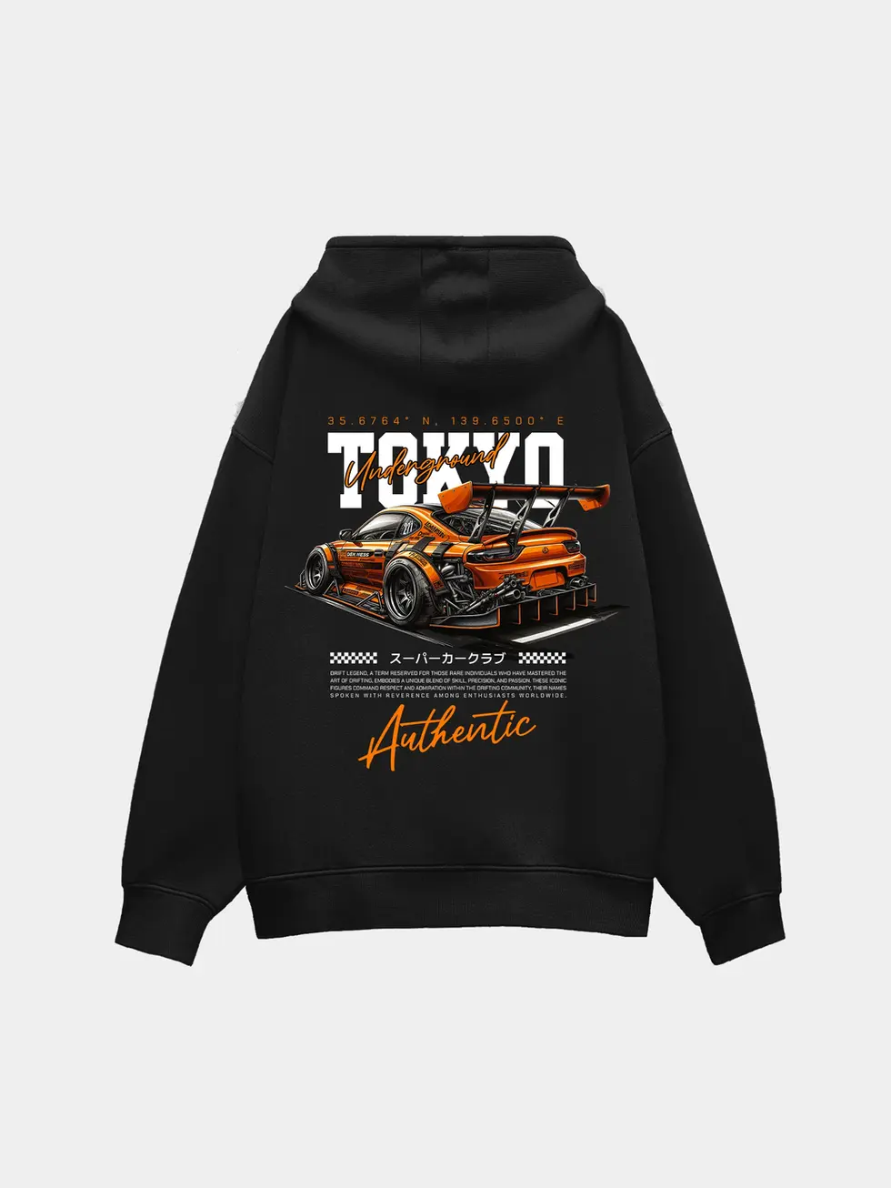 lat lay back view of black Tokyo Underground hoodie with racecar print