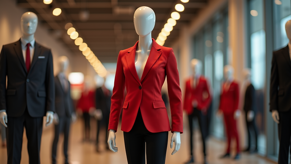 Eye-level view of a mannequin dressed in a bright red blazer and black trousers
