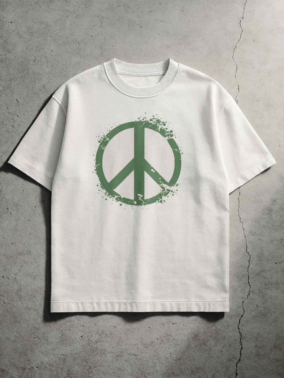 Minimalist front view of a white oversized t-shirt with a green peace symbol splatter graphic, ideal for unisex streetwear fa
