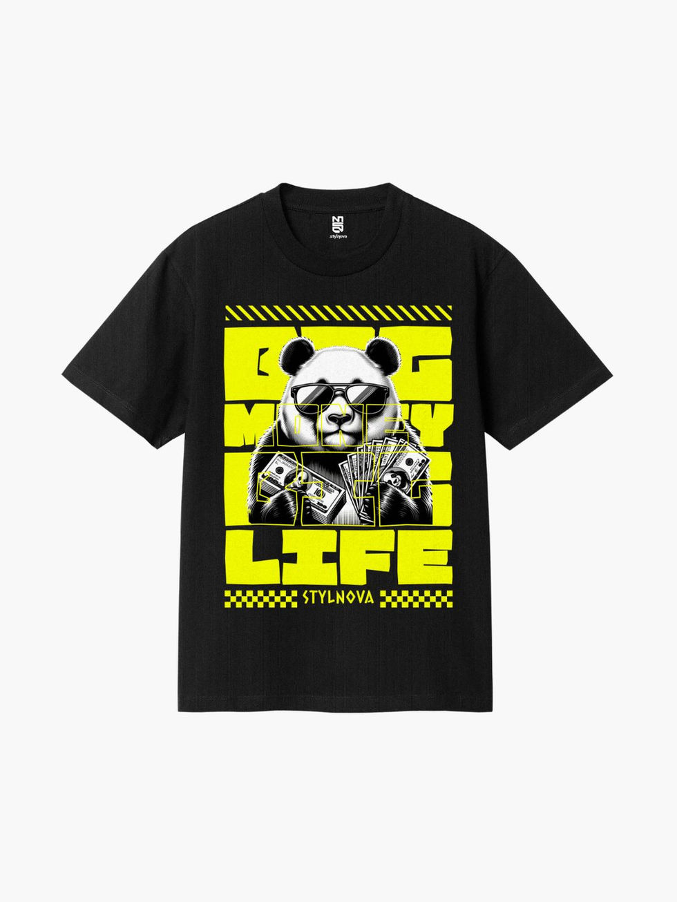 Black regular panda graphic t-shirt for men front view streetwear graphic tee big money life design Stylnova