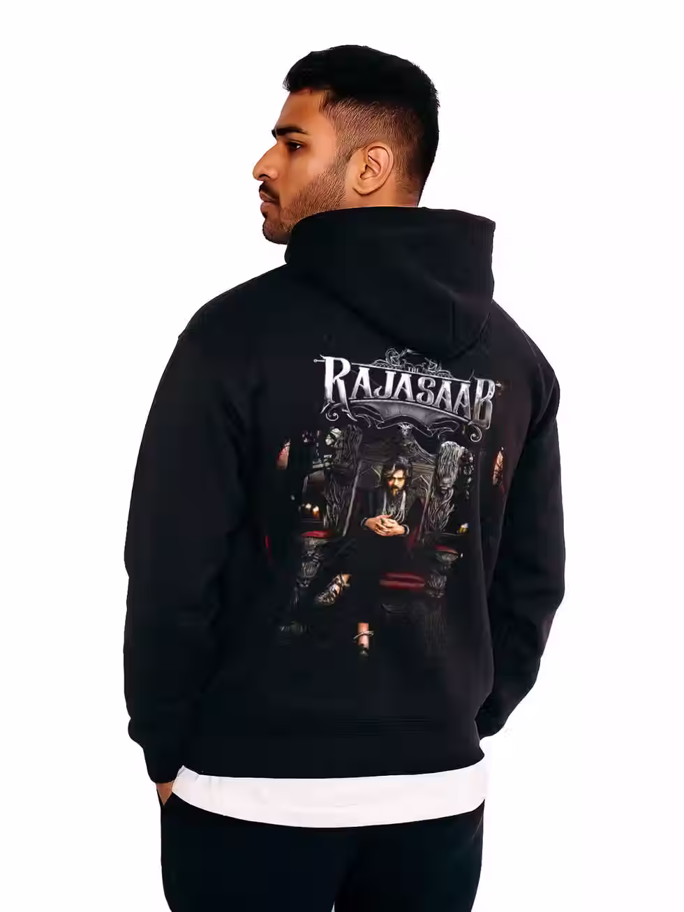 Prabhas Rajasaab movie hoodie worn by model, Prabhas movie Rajasaab fanwear