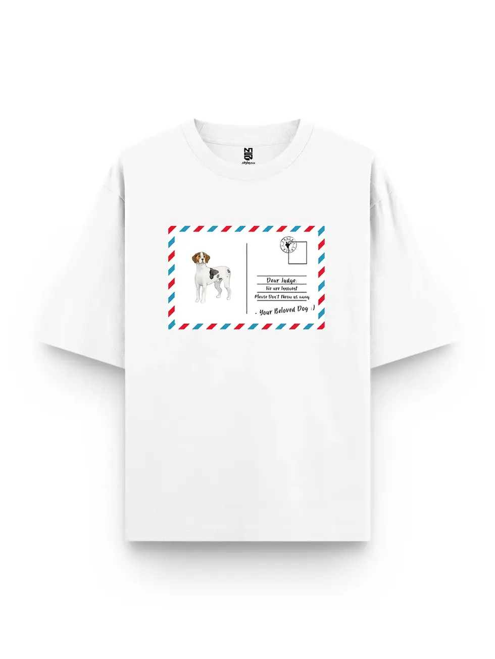 Front view of Oversized T-Shirt 240 GSM Cotton Unisex with dog postcard print