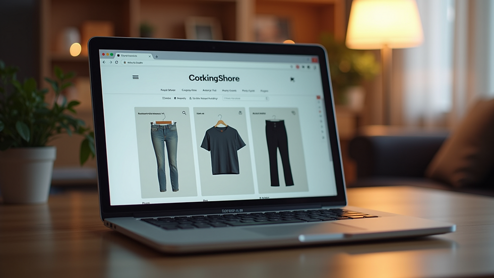 Eye-level view of a laptop screen showing an online clothing store