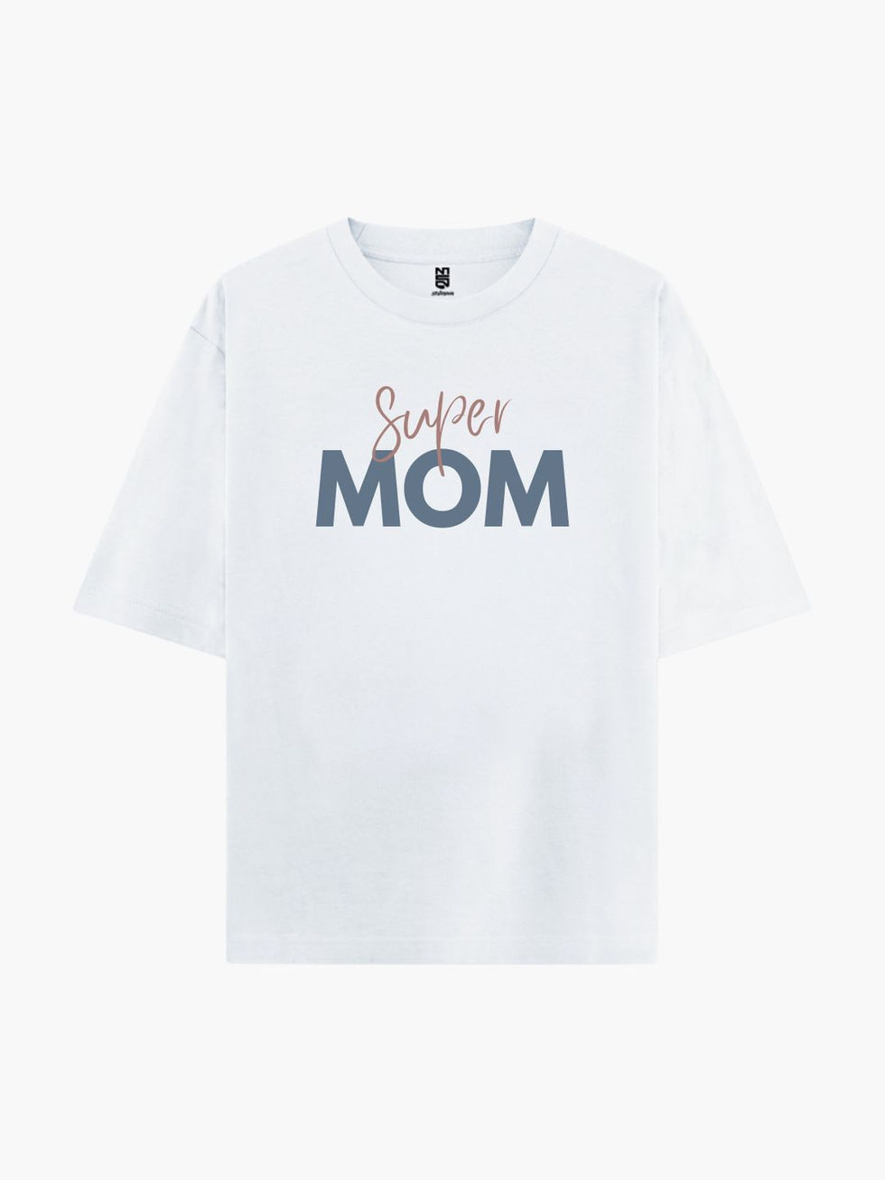 White oversized t-shirt with stylish Super Mom typography graphic printed on the front.
