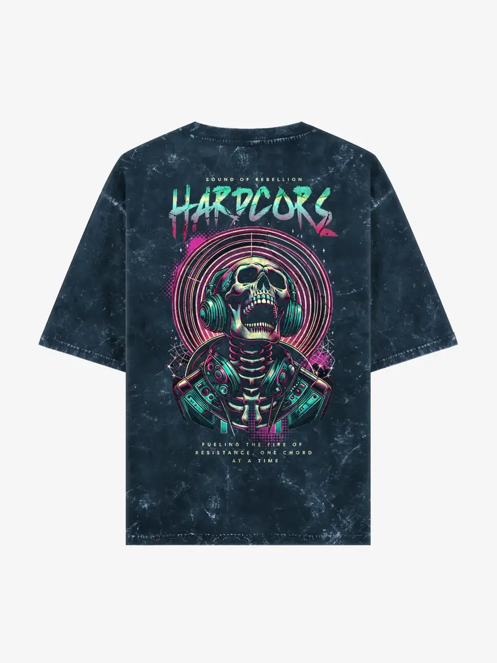 Back view of Hardcore Rebellion Oversized T-Shirt featuring neon cyberpunk skull with headphones and vibrant elements