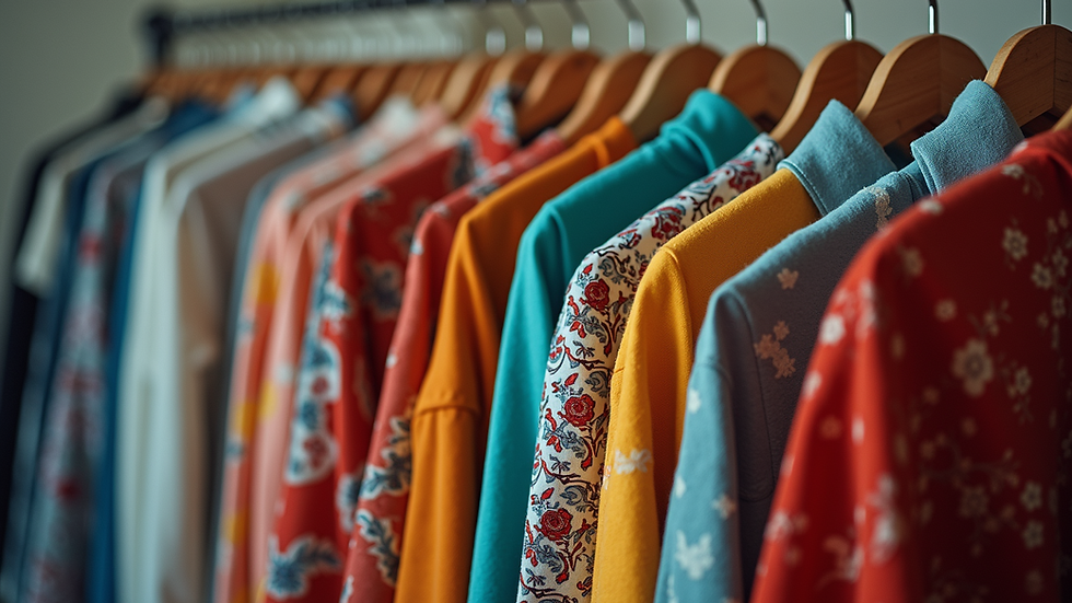 High angle view of a clothing rack with colorful and patterned garments
