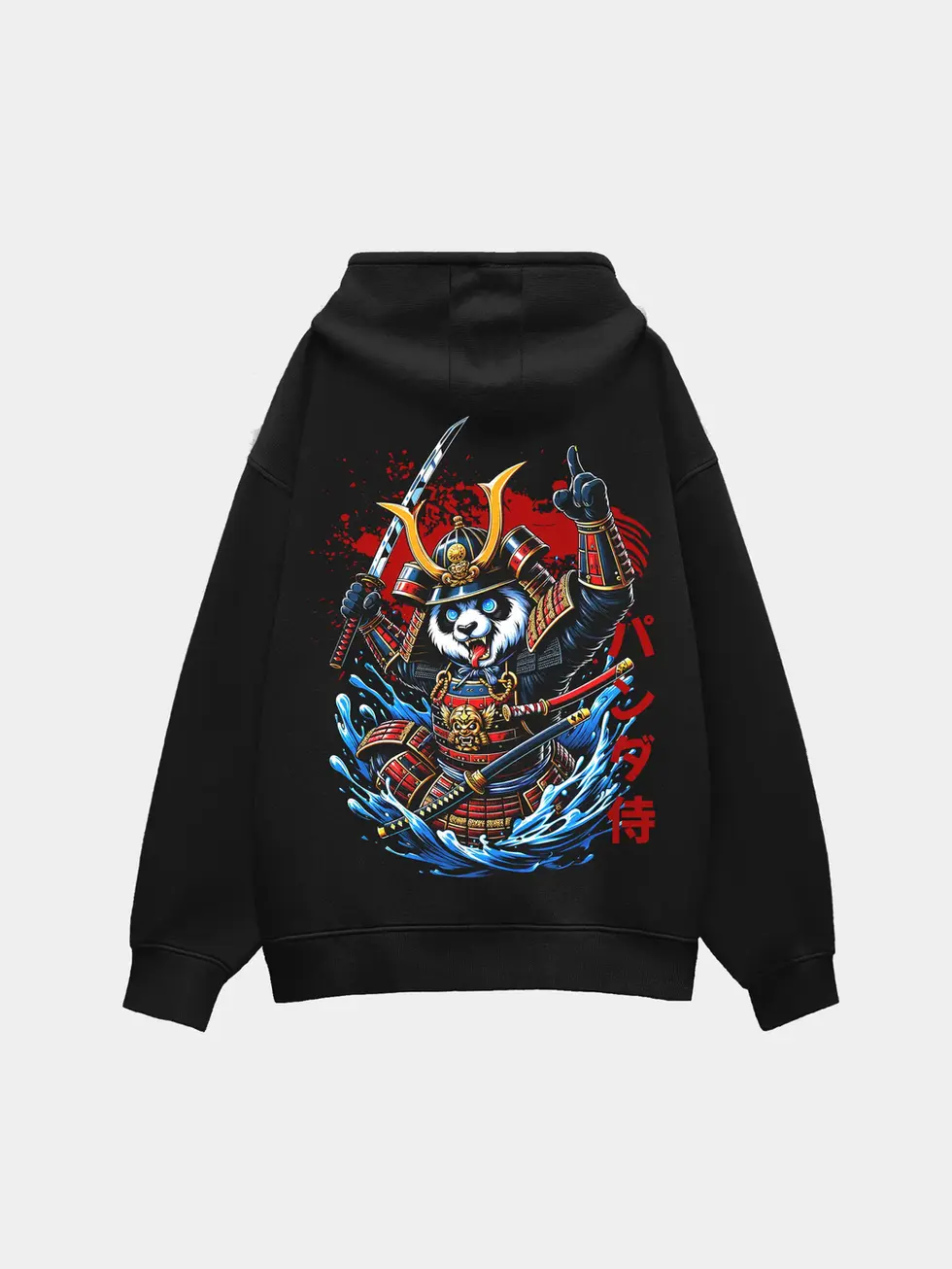 Vibrant illustration of a panda in red samurai armor wielding dual swords with blue waves on the back of the black hoodie