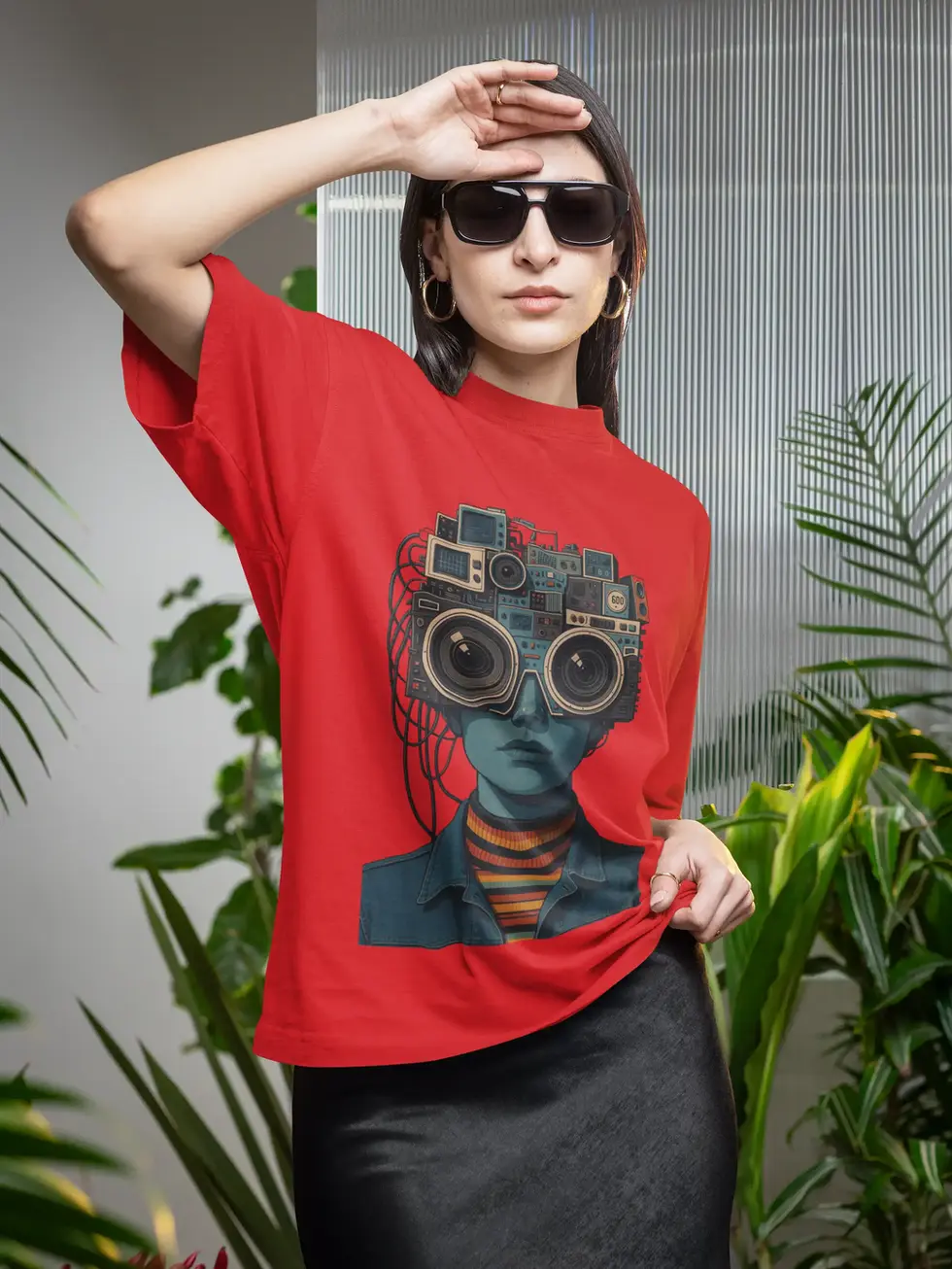 Indian woman in a red graphic oversized t-shirt featuring a surreal face with speakers and gadgets as glasses