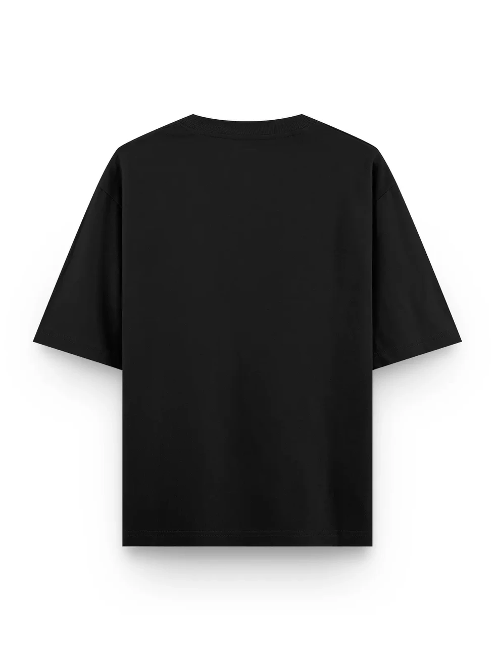 Back view of a blank black oversized t-shirt.