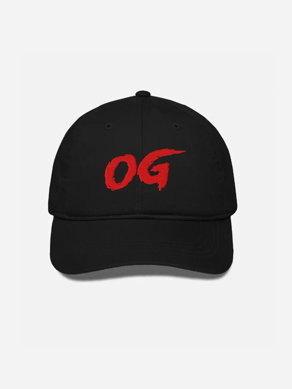 Front view of OG embroidered black baseball cap with bold red streetwear logo