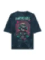 Back view of Hardcore Rebellion Oversized T-Shirt featuring neon cyberpunk skull with headphones and vibrant elements