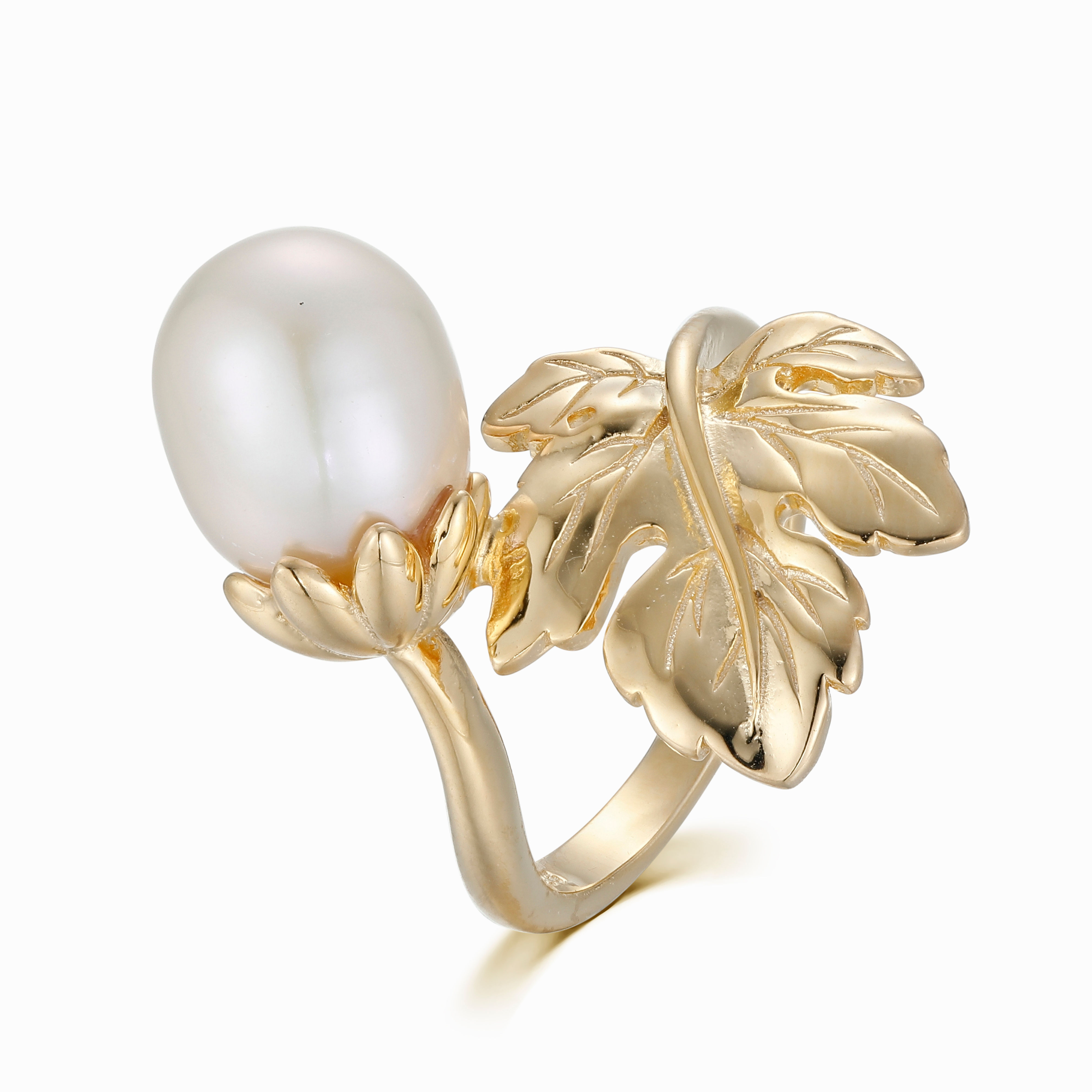 Gold Plated Oak Leaf Ring with Freshwater Pearl Acorn