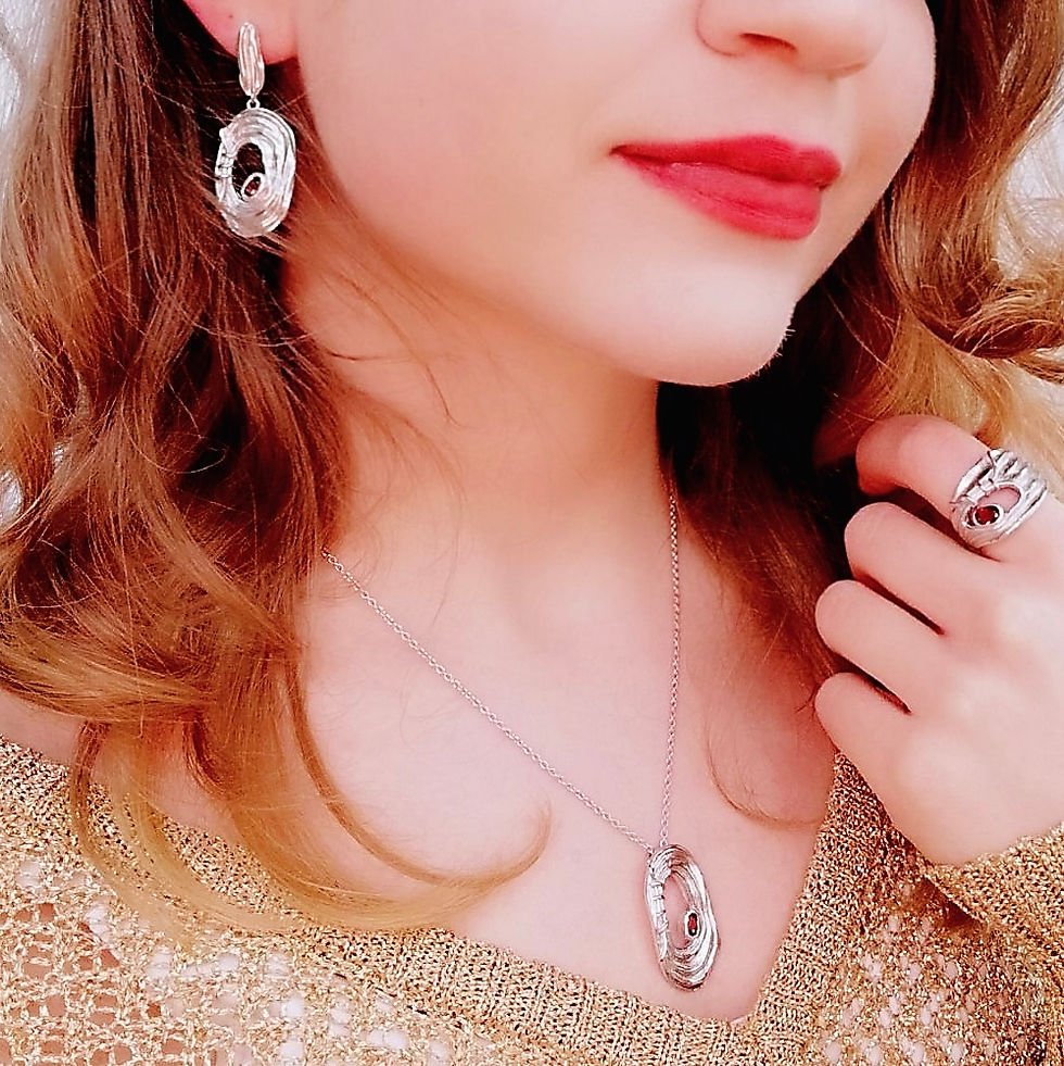 Thumbnail: Brushed Silver Necklace with Garnet in Brushed Sterling Silver