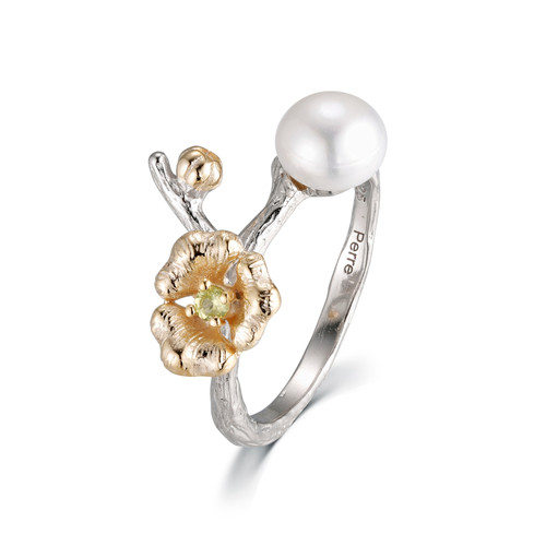 CHERRY BLOSSOM GOLD PLATED SILVER RING WITH FRESH WATER PEARL perre