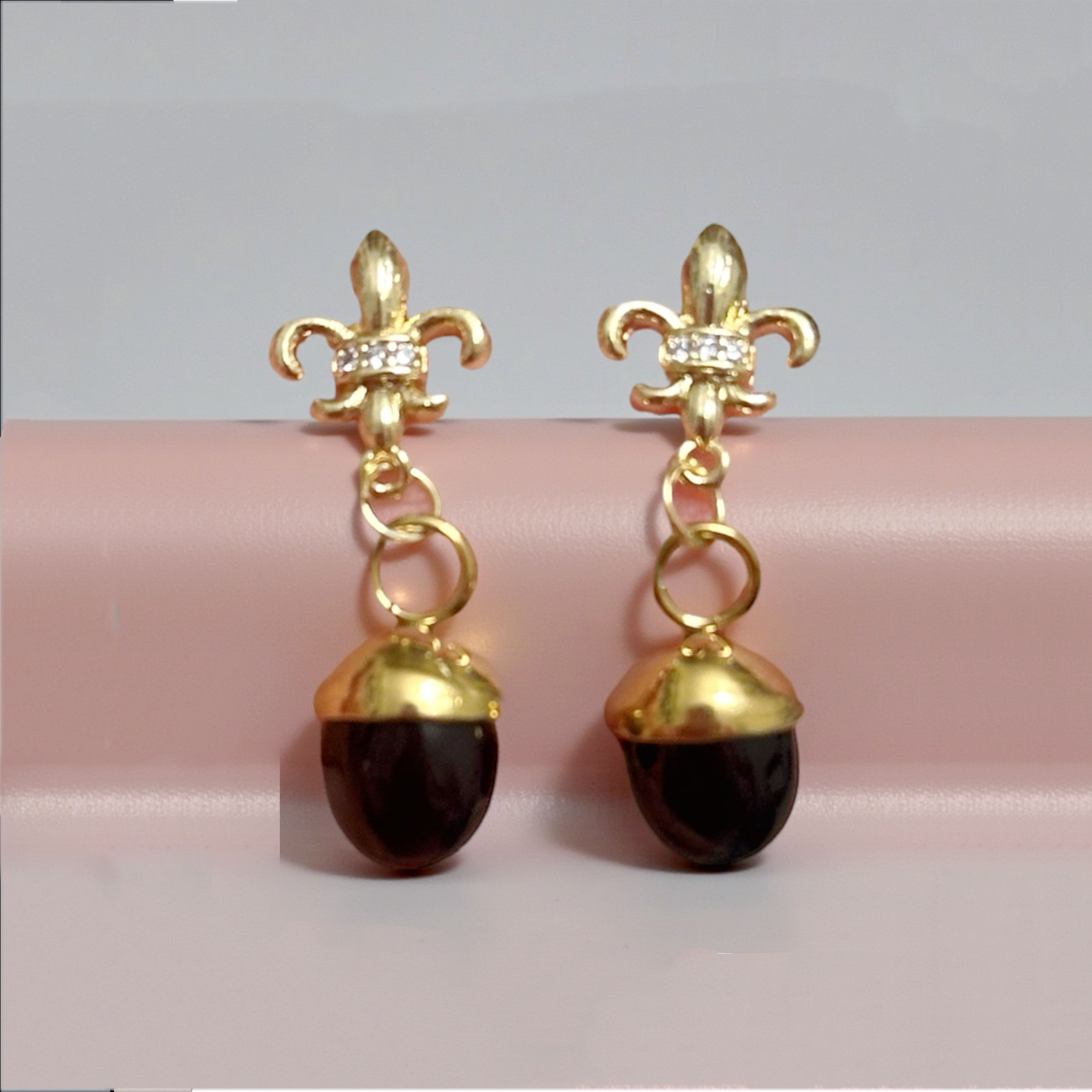 Regal fleur-de-lis tiny acorn black onyx earrings 