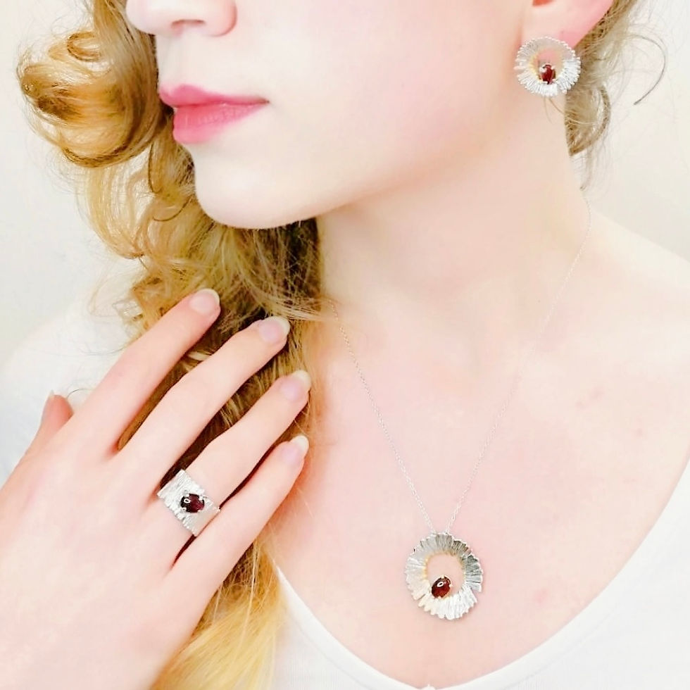 Thumbnail: Red Agate Apple Blossom Sterling Silver Ring