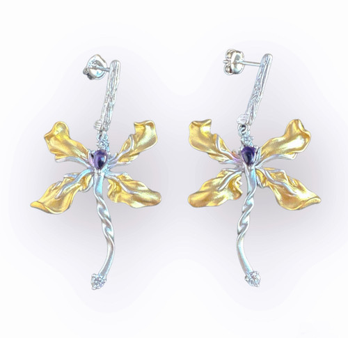 Gold Plated Dragonfly with Amethyst Sterling Silver Earrings perre