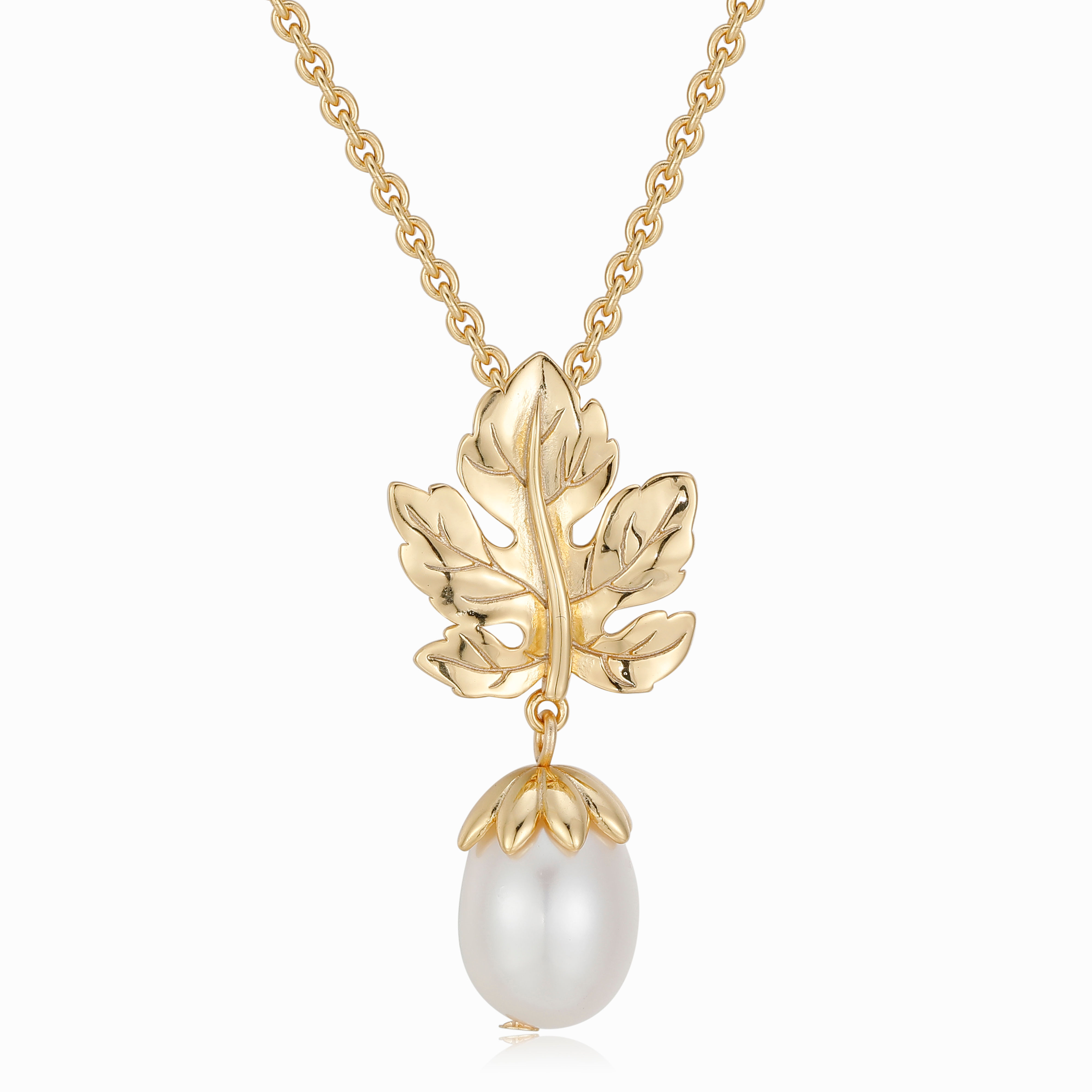 Gold Plated Oak Leaf Necklace with Freshwater Pearl Acorn