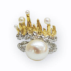 Hammered Crown Sterling Silver Ring Large Baroque Pearls