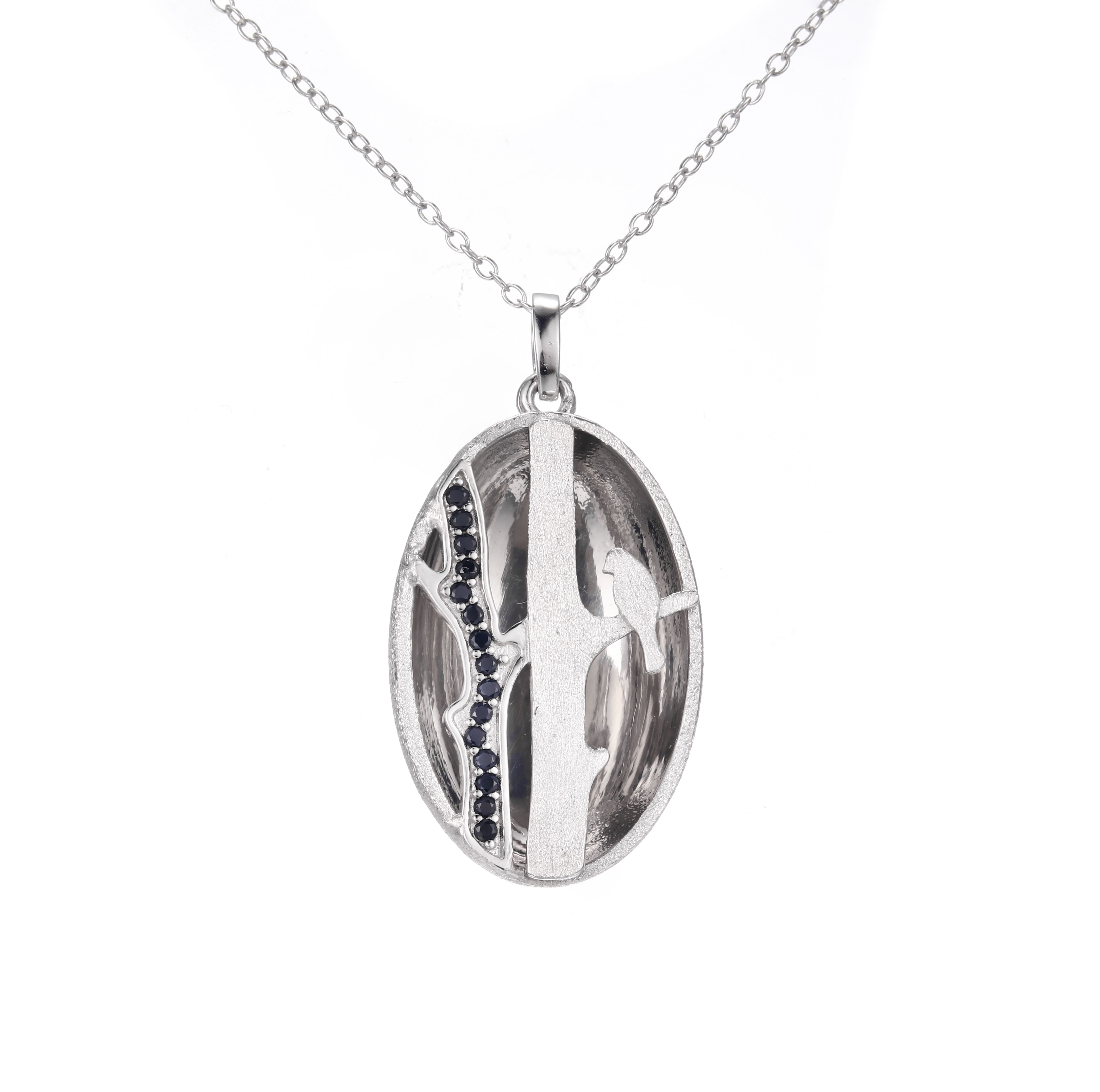  BIRD ON BRANCH OVAL SILVER NECKLACE