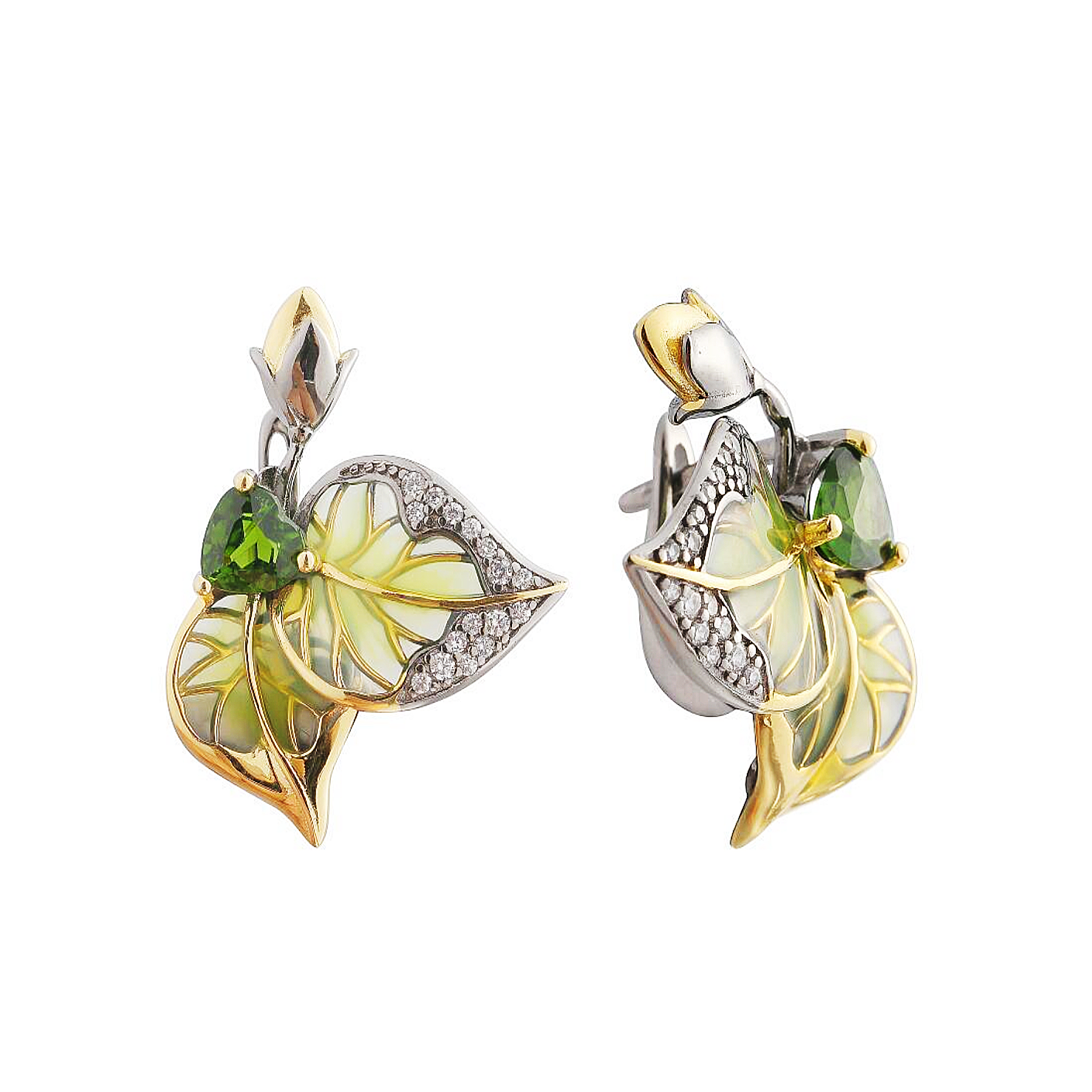 Enamel green leaf with diopside sterling silver earrings