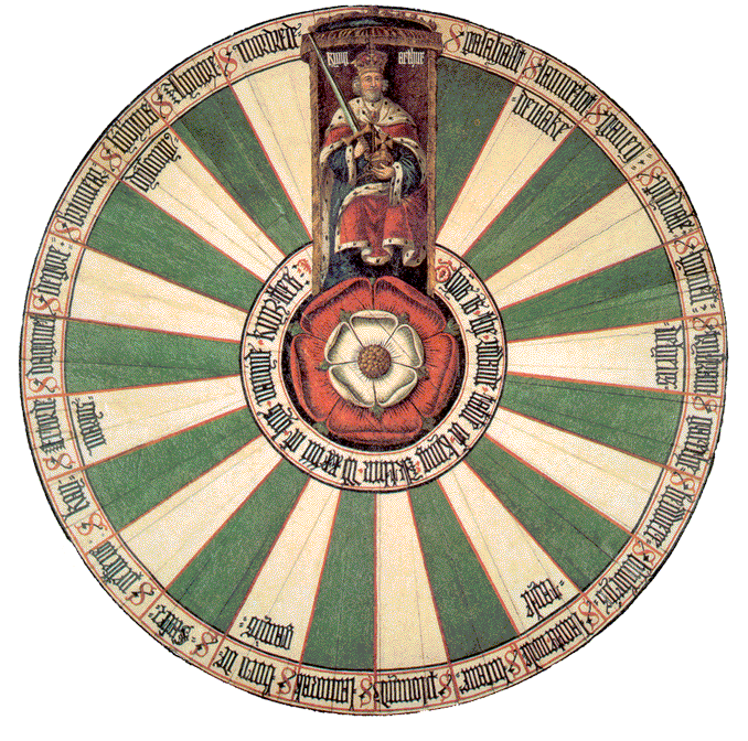 Wooden Round Table Hanging in the Great Hall at Winchester Castle. Note Red/White Tudor Rose in the centre.