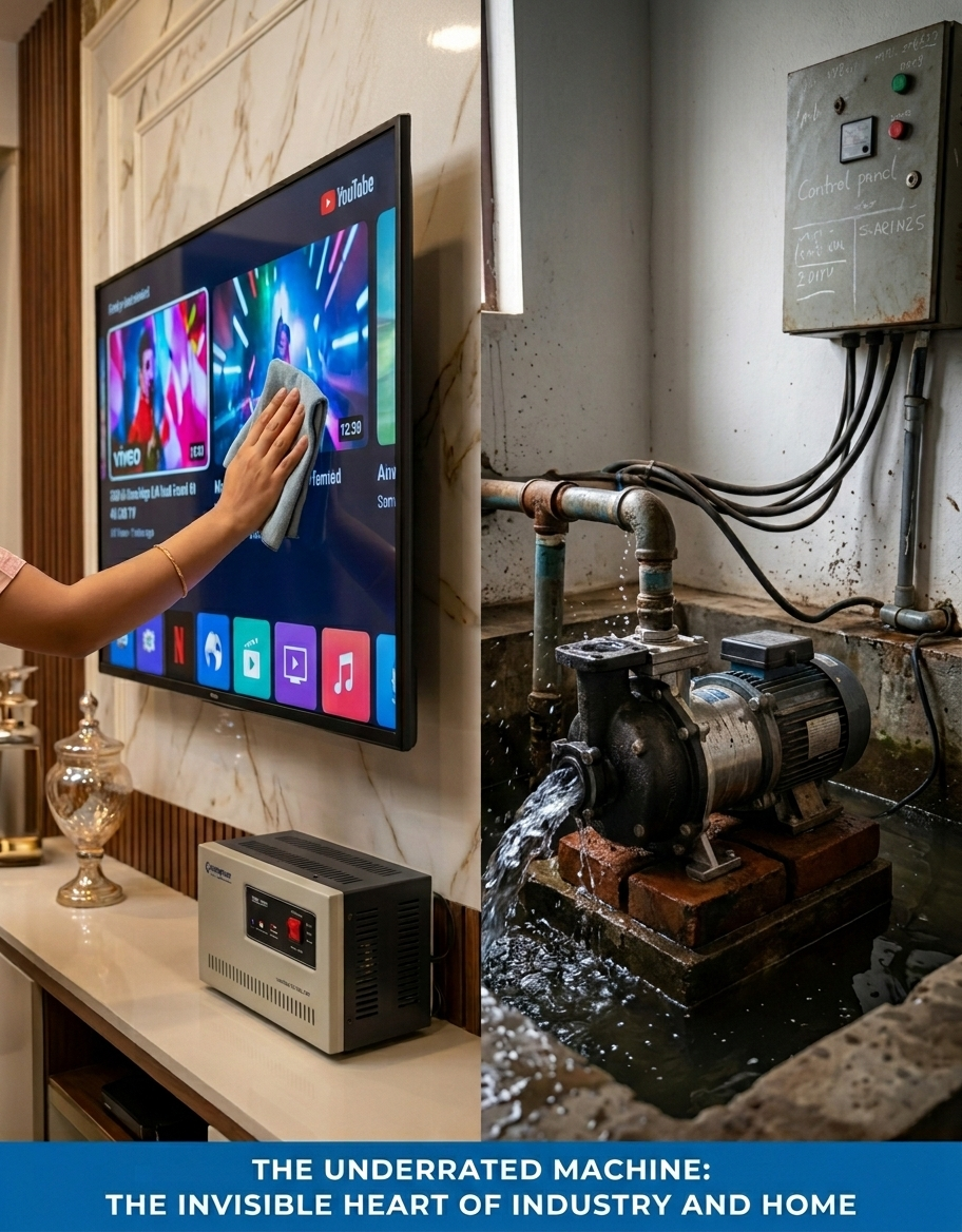 A side-by-side comparison showing a person cleaning a luxury TV versus an essential industrial and domestic water pump operating in a sump, highlighting the underrated importance of pump maintenance.
