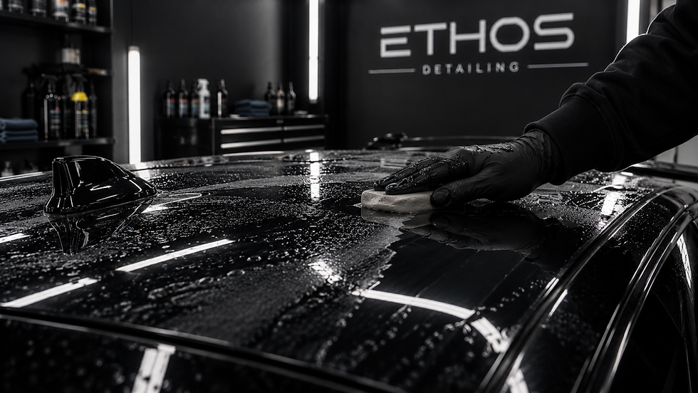 Car roof being washed and decontaminated before paint correction
