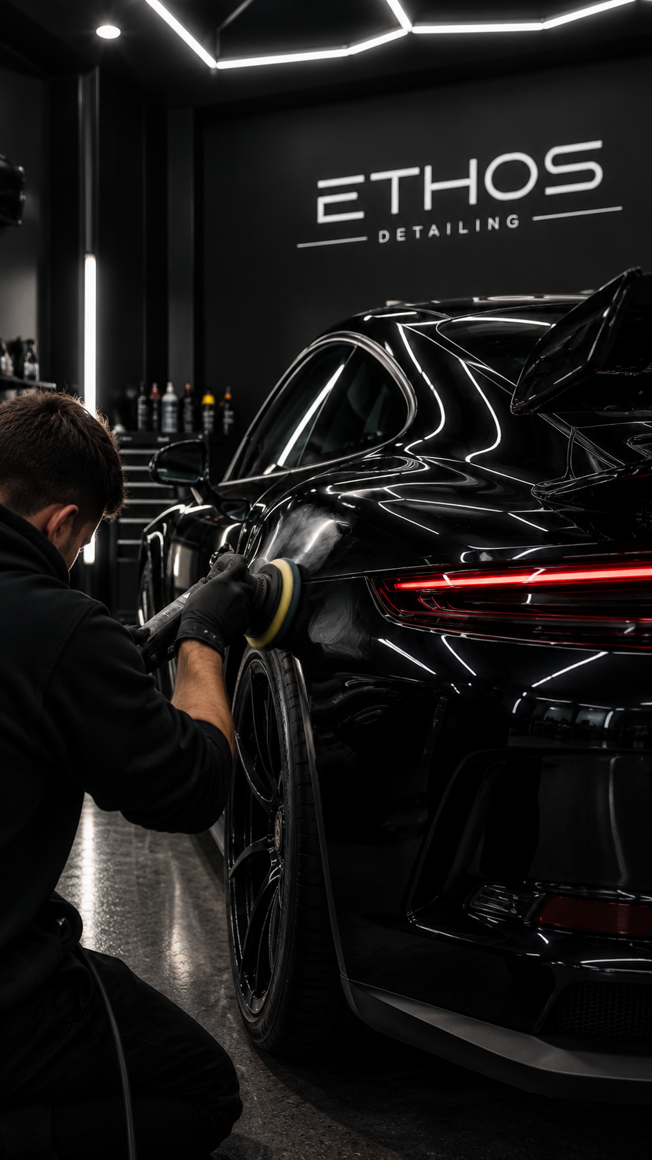 Black car undergoing full paint correction and machine polishing