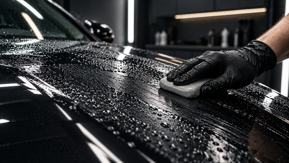 Clay bar treatment being carried out on black car paintwork