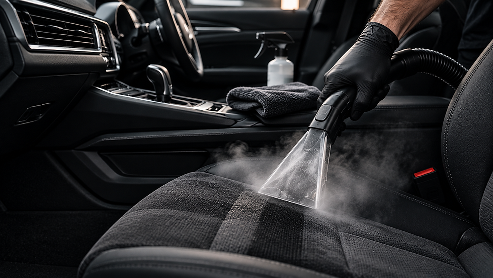 Car interior being steam cleaned during a valet