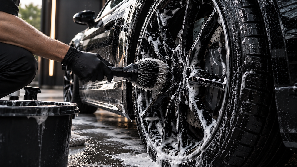 Car wheel being thoroughly cleaned during an exterior valet