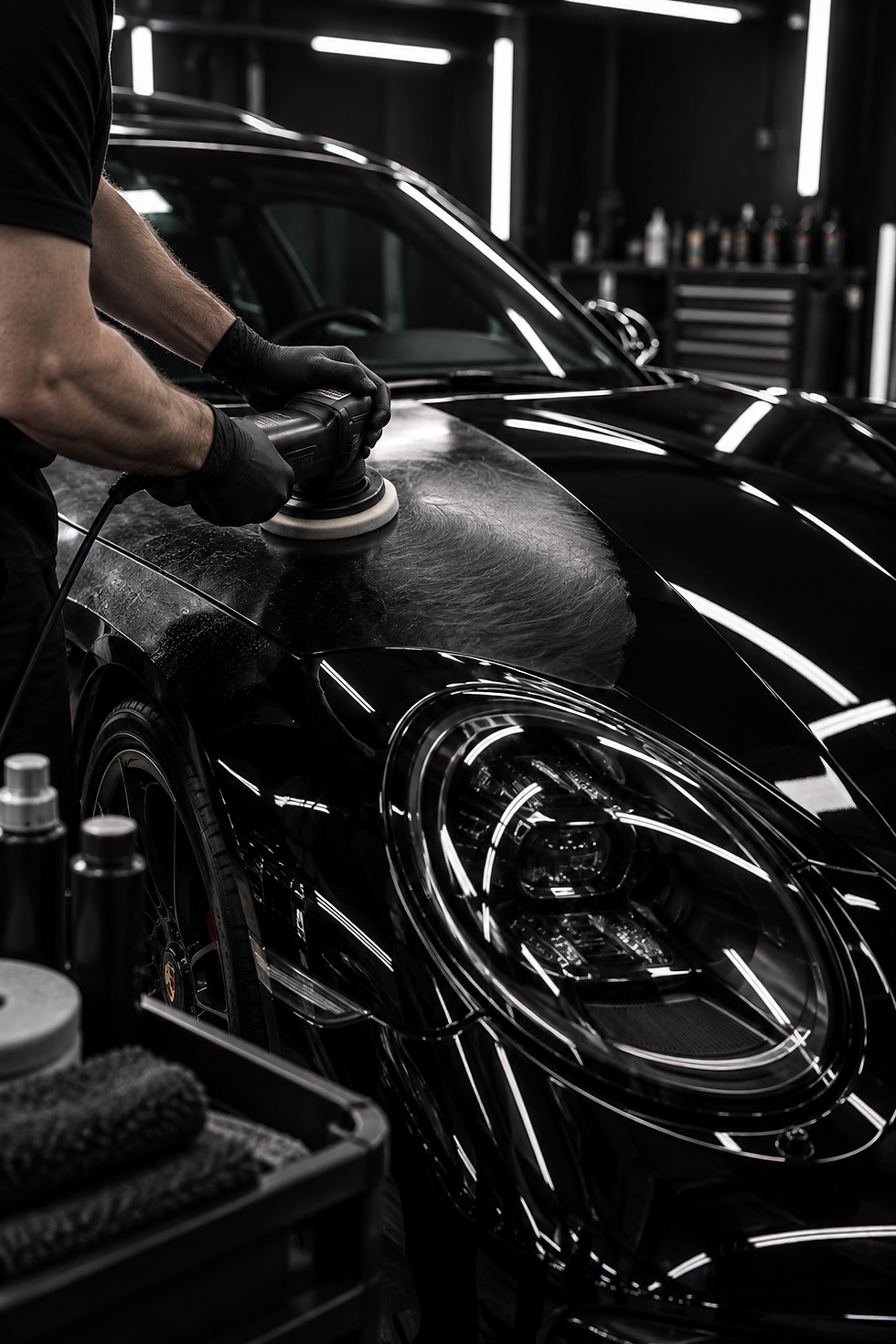 Black car with enhanced gloss after paint enhancement