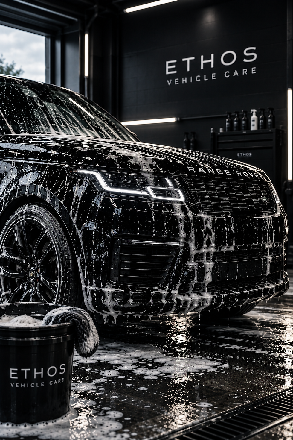 Black car receiving a thorough exterior wash