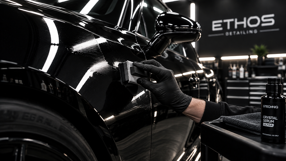 Ceramic coating being applied to black car paintwork