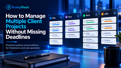 BrainyShack guide to managing multiple client projects, showing organised project boards, tasks and deadlines.